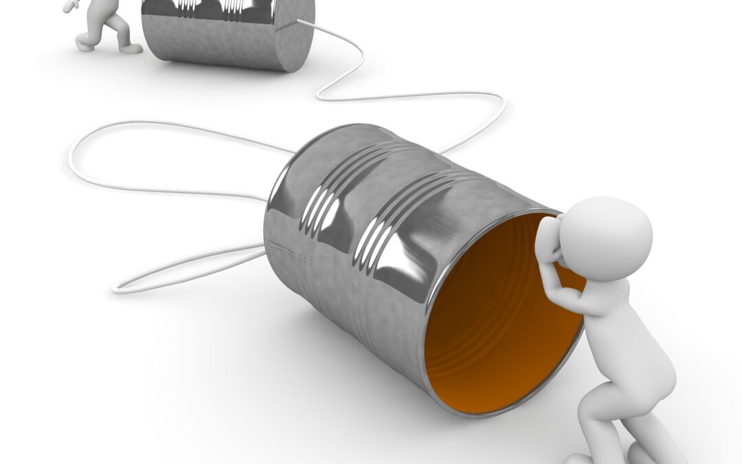 graphic of two figures communicating via tin cans connected by string
